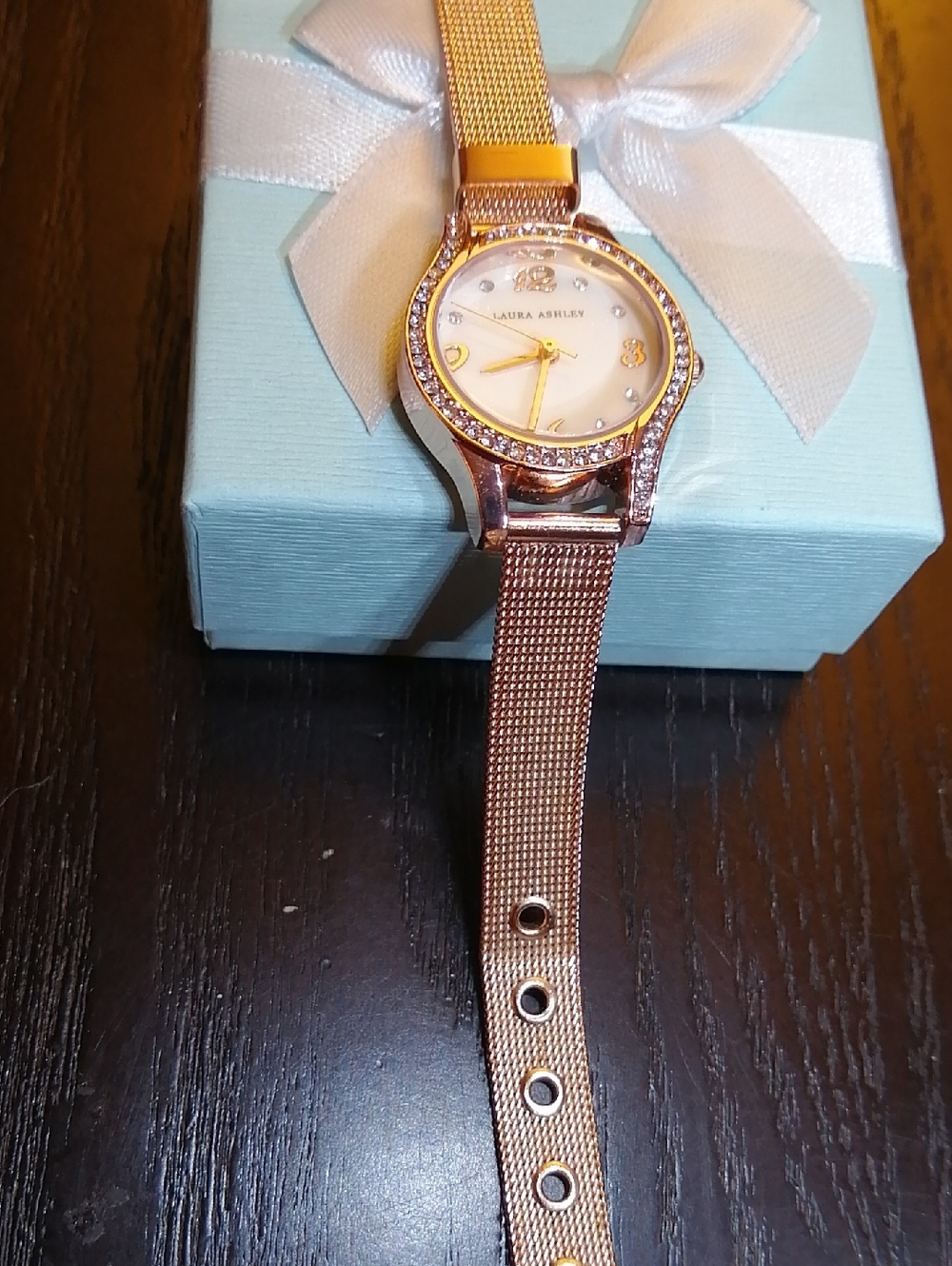 Laura Ashley Rose Gold Mesh Crystal Accent Working Watch In A Gift Box